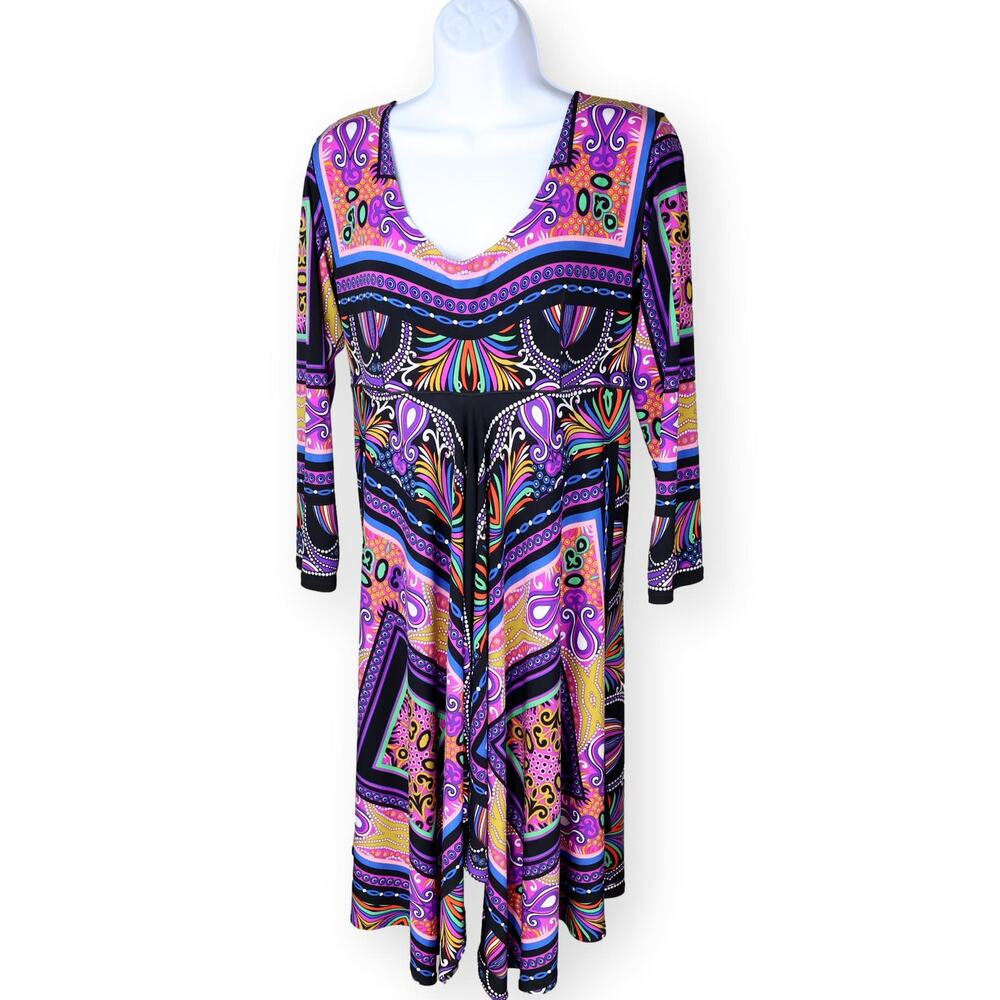 Eva Varro Purple Black Geometric Print Stretch Jersey Knit Dress L